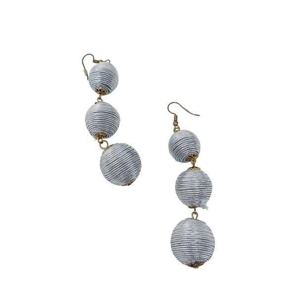 Silver Gray Thread Ball Dangle Earrings Pom Pom Bobble Wrapped Drop Statement - Picture 1 of 4